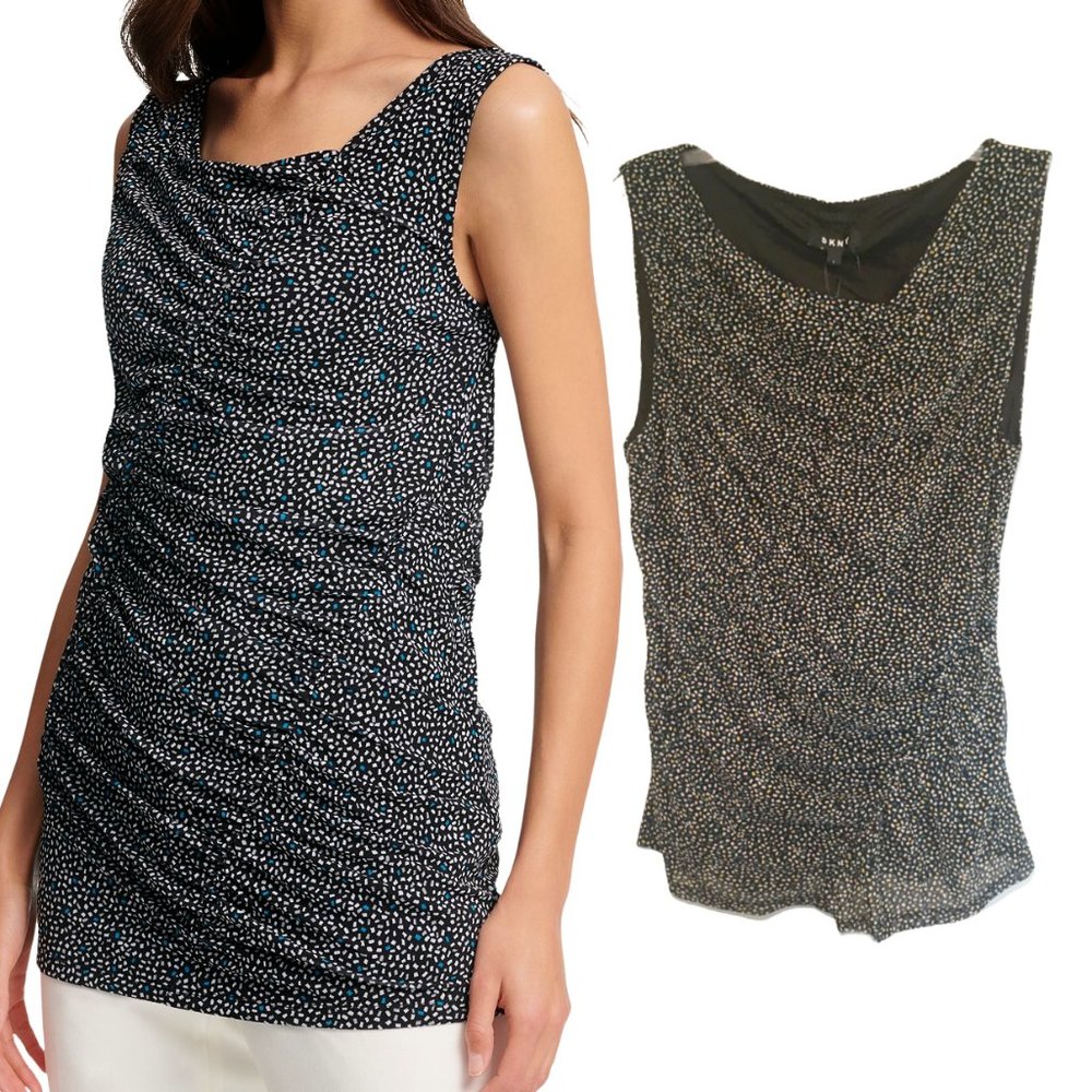 DKNY Sleeveless Top Ruched Blouse Black Yellow Blue Stretch Large NEW